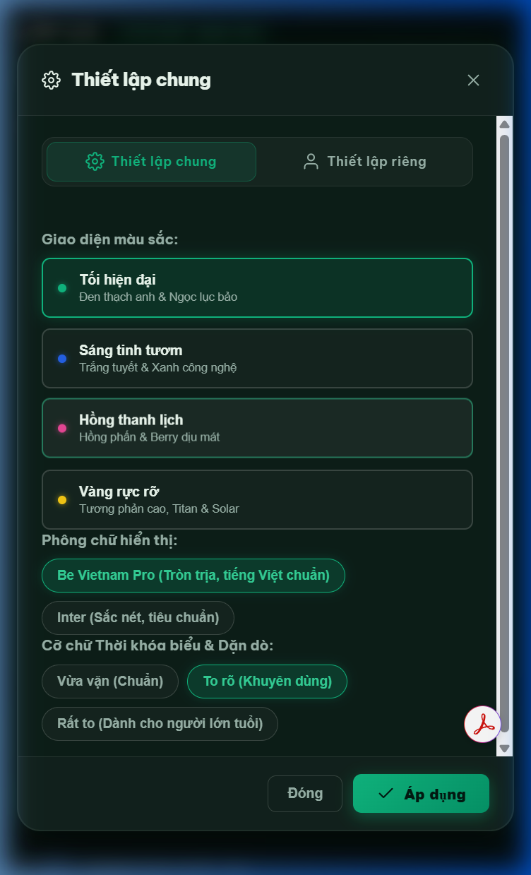 Cửa sổ Thiết lập chung giao diện và cỡ chữ