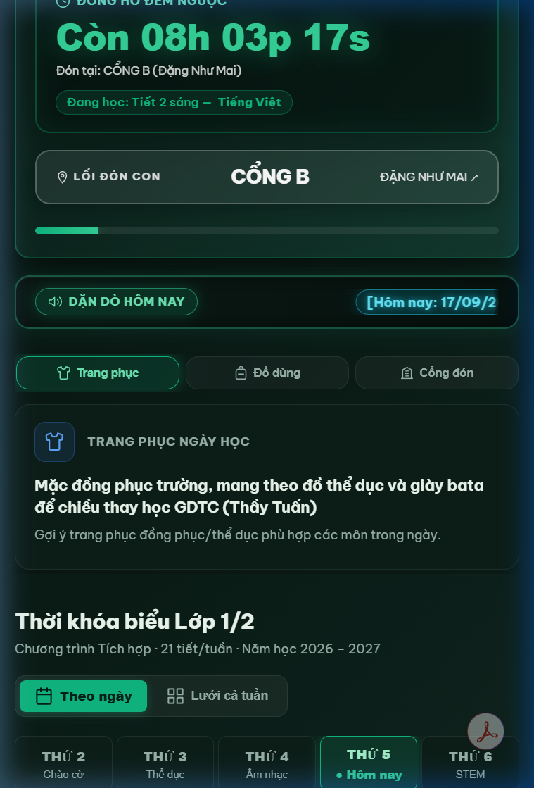 Thẻ thông báo tiết đang học và cổng đón con