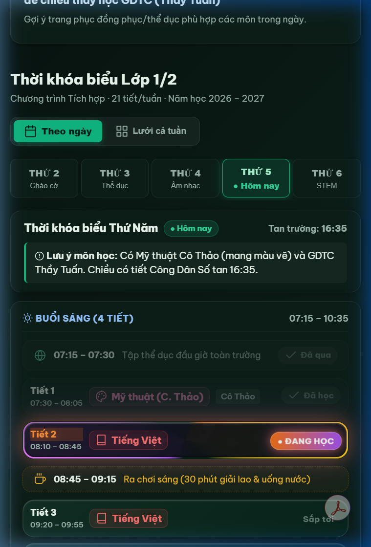 Thời khóa biểu dạng ngày hiển thị chi tiết các tiết và trạng thái Đang học